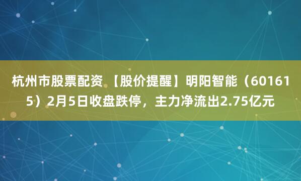 杭州市股票配资 【股价提醒】明阳智能（601615）2月5日收盘跌停，主力净流出2.75亿元